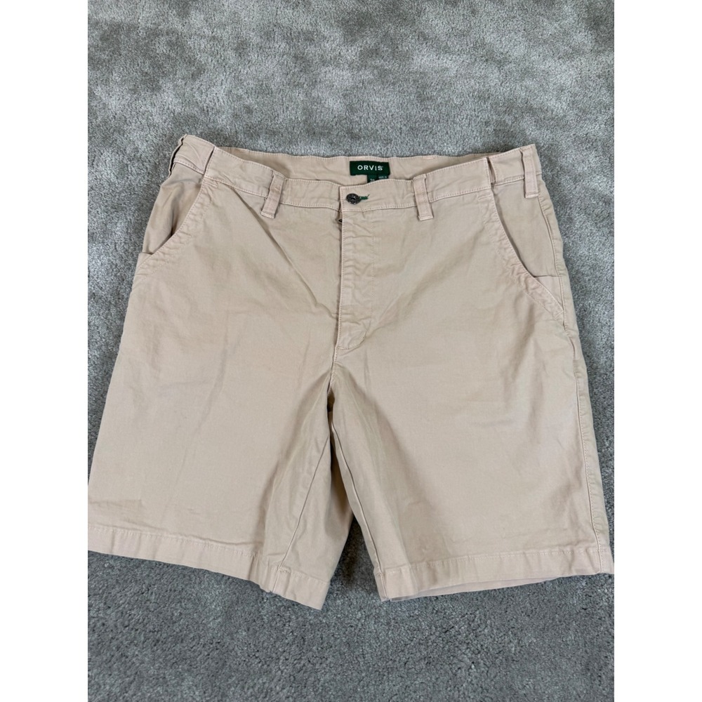 Orvis Men Chino Short Size 38 Tan Khaki Stretch Cotton Twill Flat Front 9 Inseam